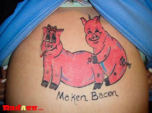 A photographic collection showcasing unique tattoos, such as two pigs on a woman's back, that convey the idea of living in the moment.