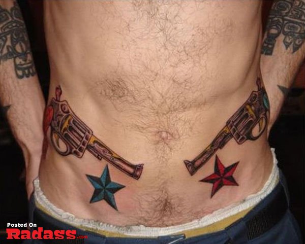 A man with a gun tattoo packing.