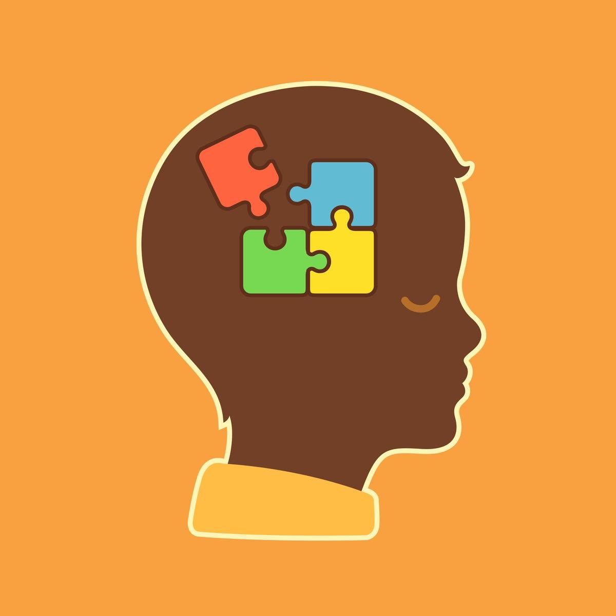 A child's head with colorful puzzle pieces represents the theme of autism awareness.