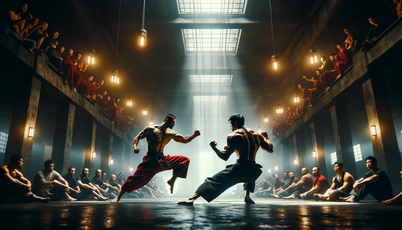 Two men are fighting in a dark room.