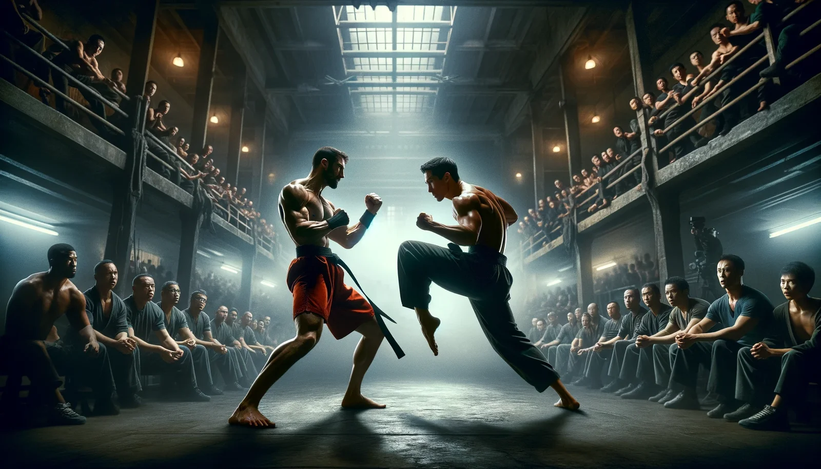 Two men fighting in a dark room.