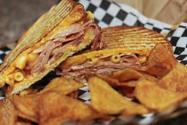 Warning: Food Porn Ahead - Ham and cheese sandwich, potato chips.