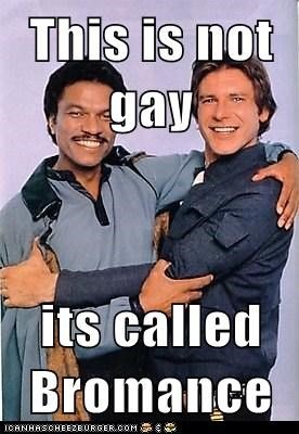 Two men hugging and saying this is not gay it's called bromance.