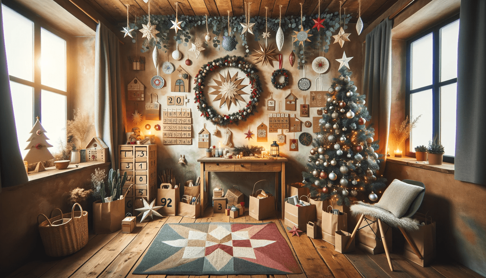 A room with a christmas tree and decorations.