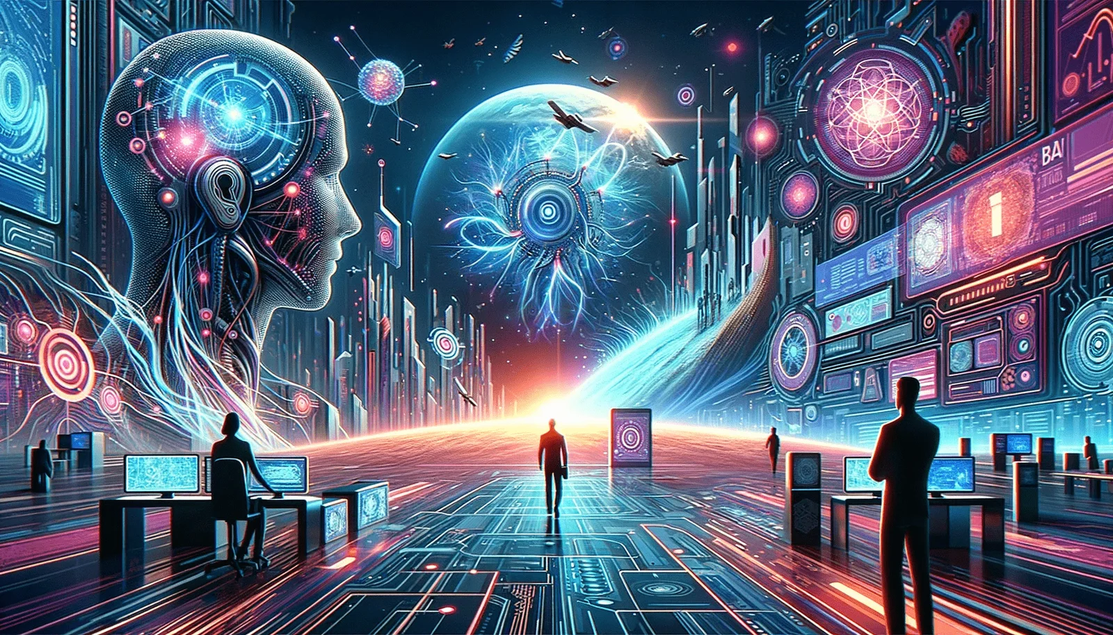 An image of a futuristic city with people standing in front of computers.