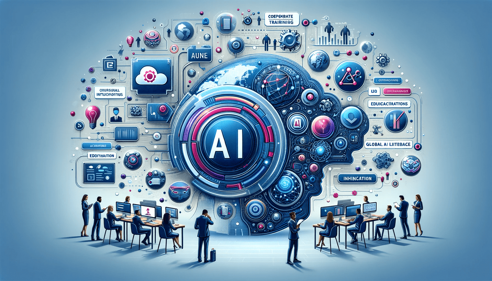 A group of people sitting around a computer with a lot of ai icons.
