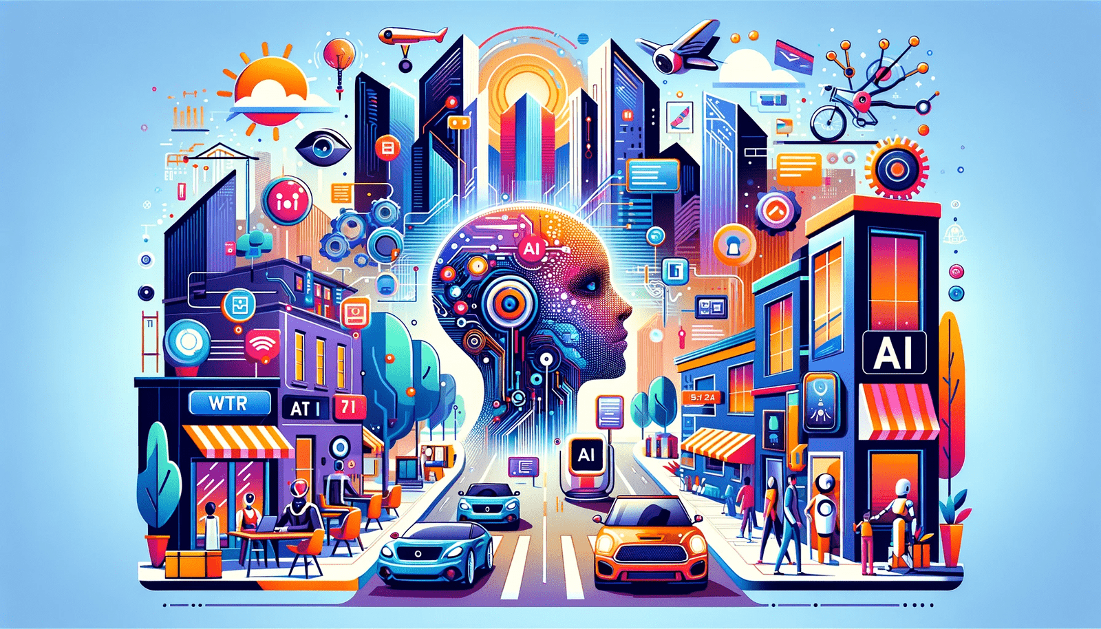 An illustration of a city with a head in the middle of it.