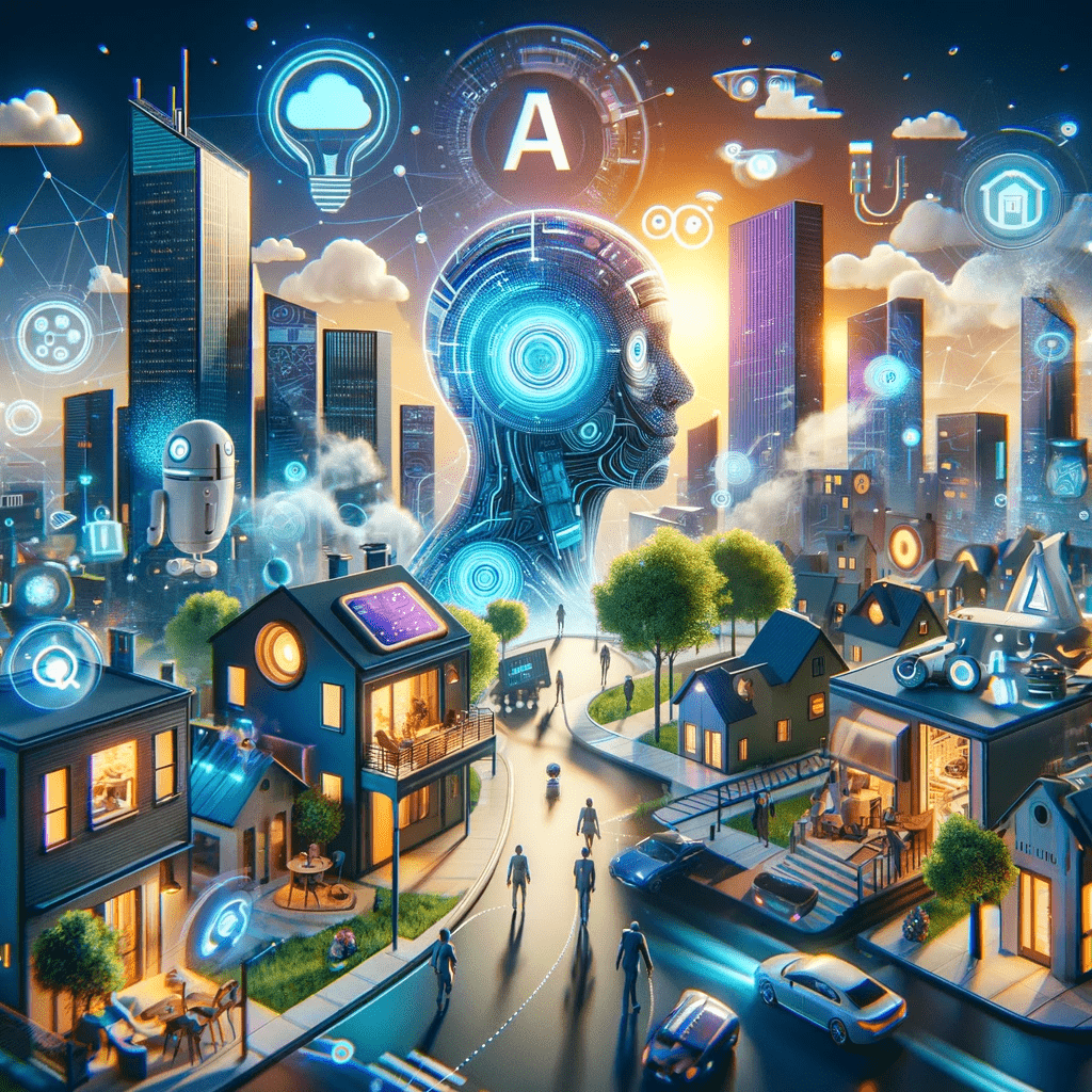 An image of a futuristic city with a robot in the background.