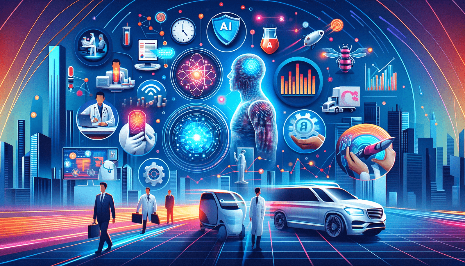 A futuristic city with people and cars in the background.
