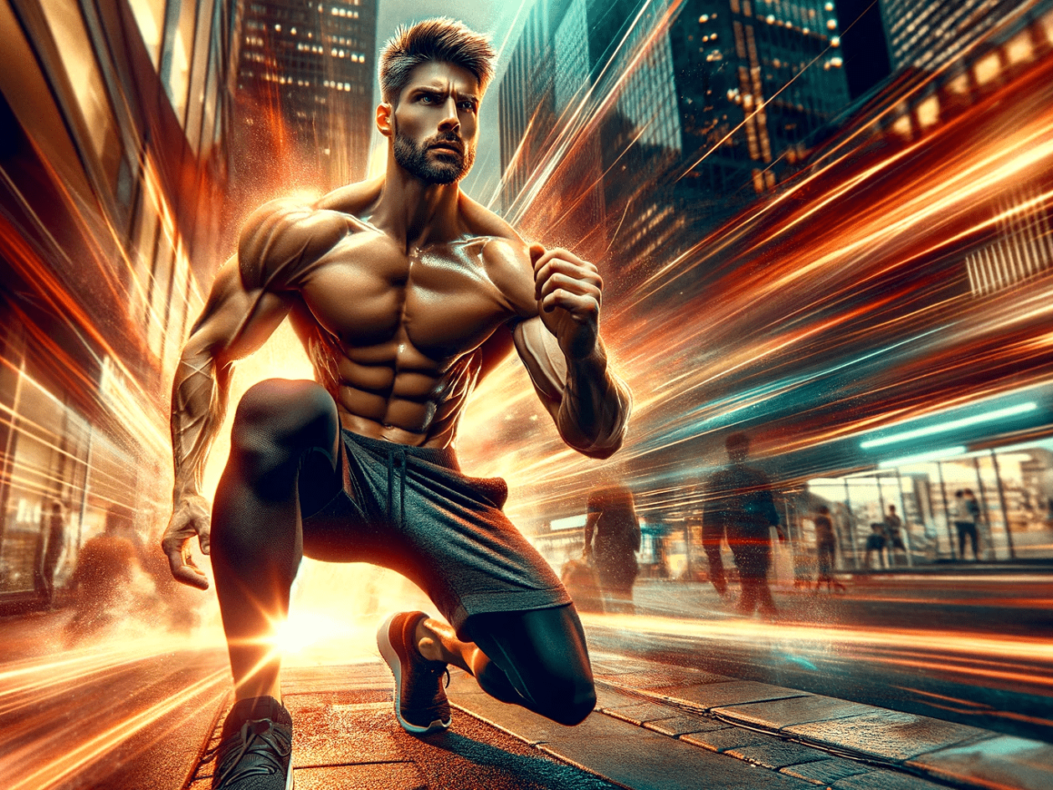 A man is running in a city with a blurry background.