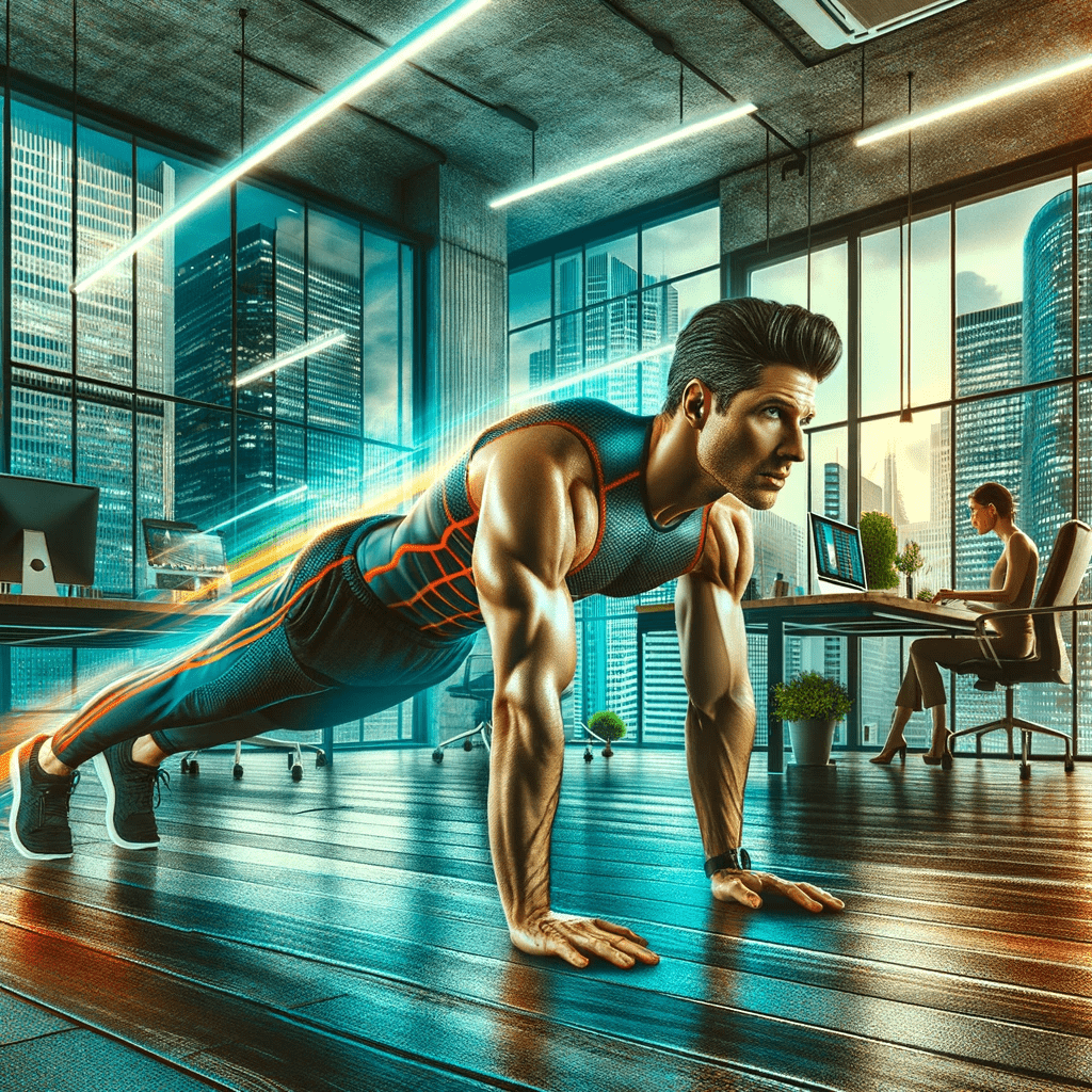 A man doing push ups in an office.