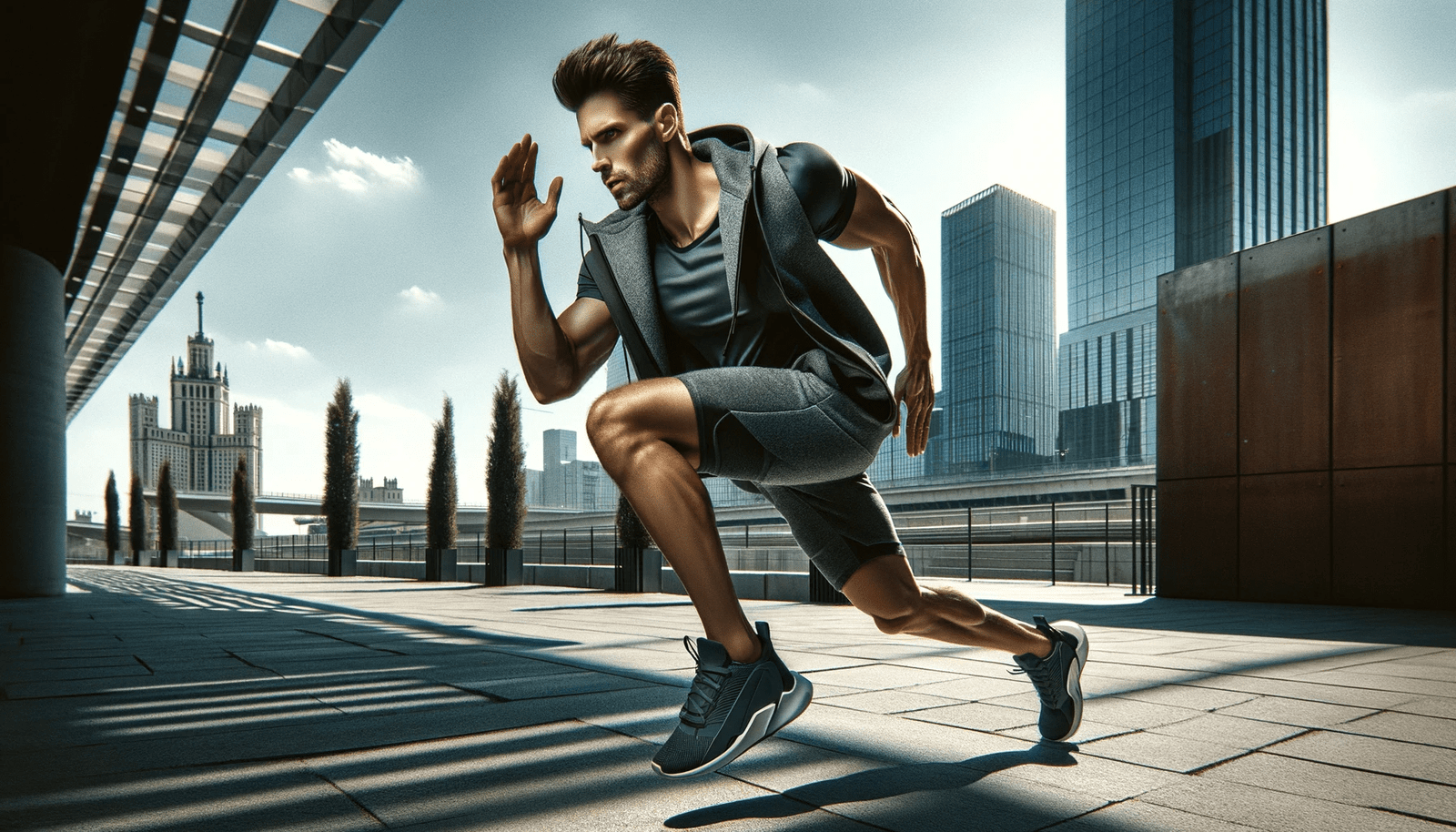 Exercise Snacks: A New Approach to Fitness for Busy Men on a city street.