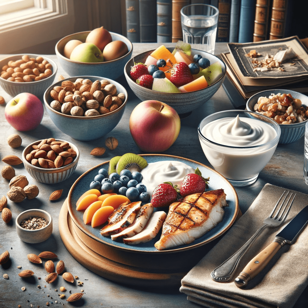 A plate of fruit, nuts, and yogurt on a table.