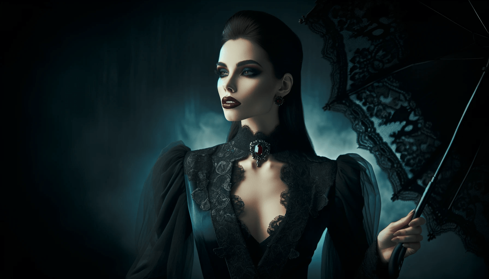 A woman in a black dress holding an umbrella.