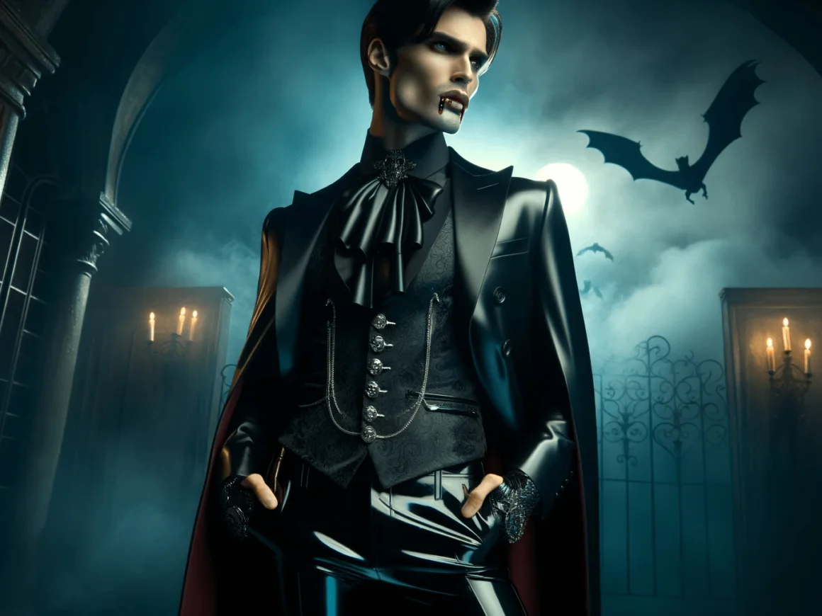 A man dressed as a vampire standing in a dark hallway.