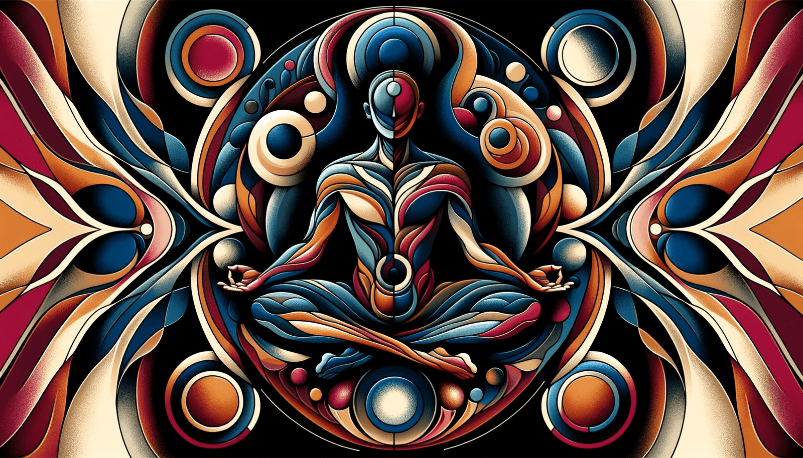 An abstract painting of a man in a lotus position.