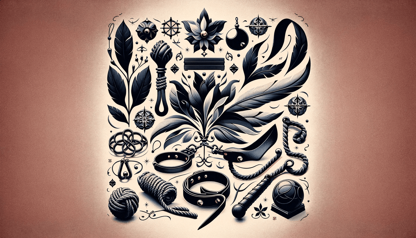 A black and white drawing of various items.