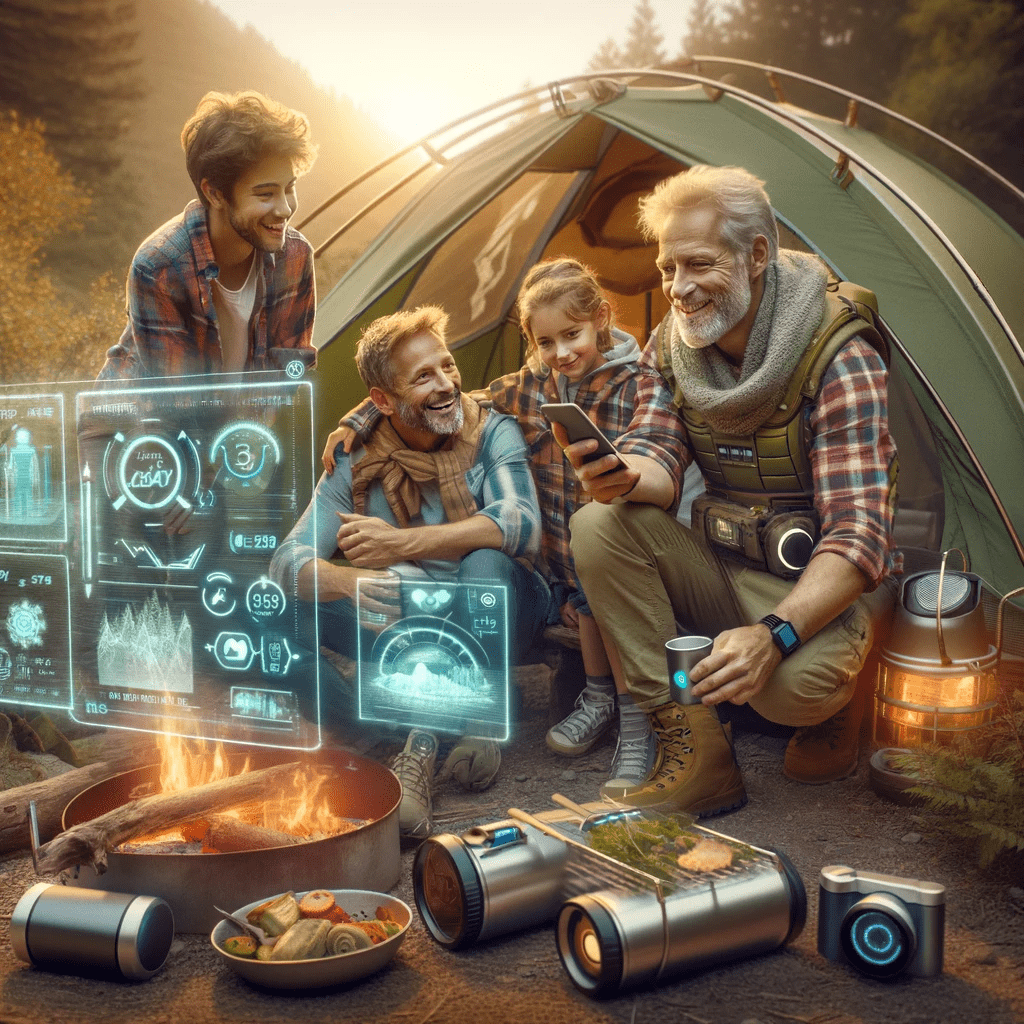 A group of people sitting around a campfire with a smart phone.