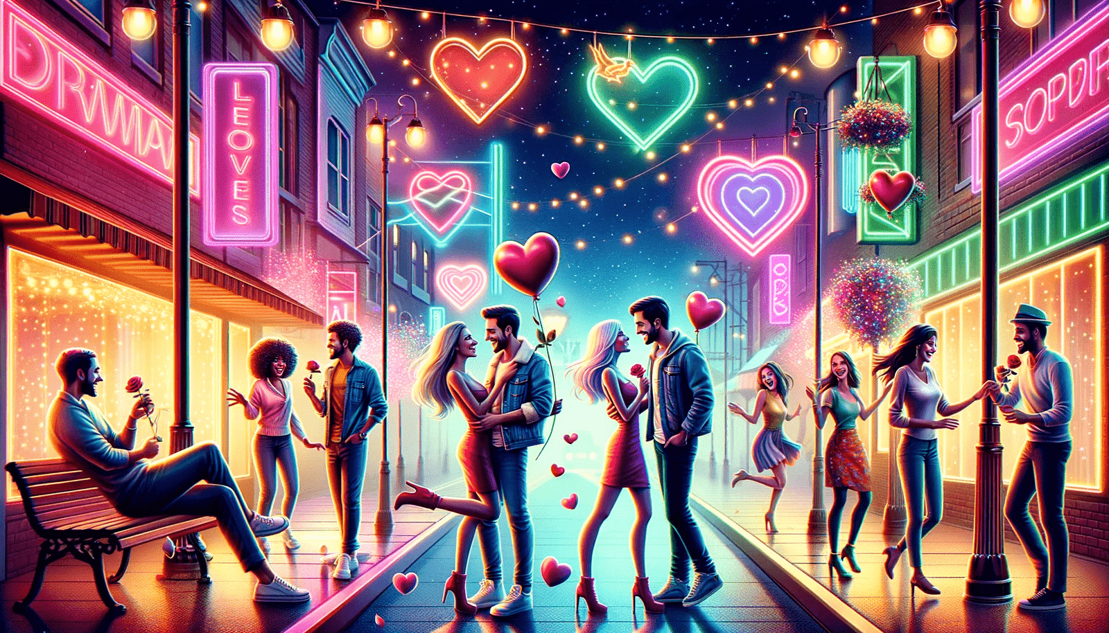 A group of people standing on a street with neon lights.