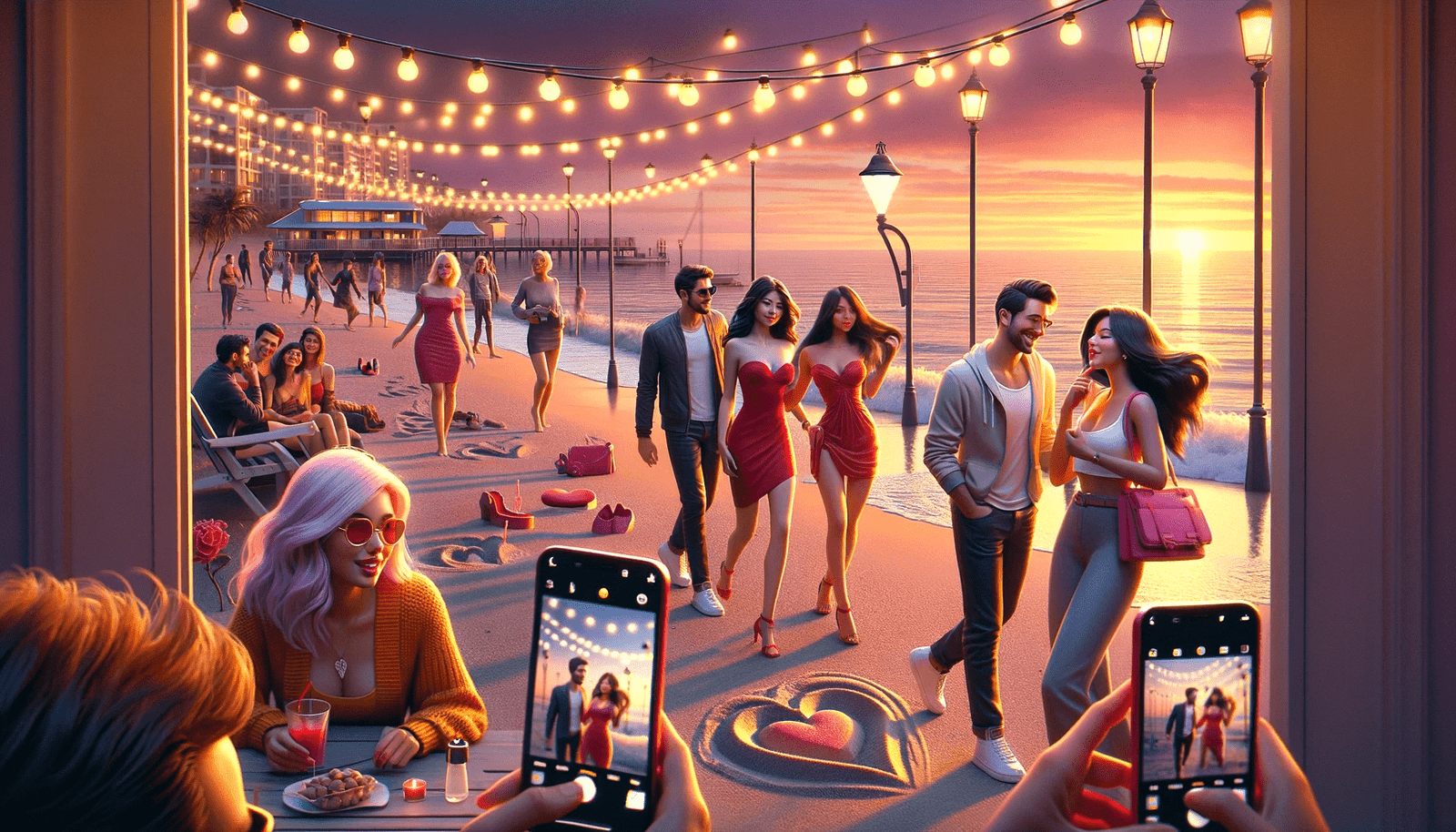 A group of people are taking pictures with their phones on the beach.