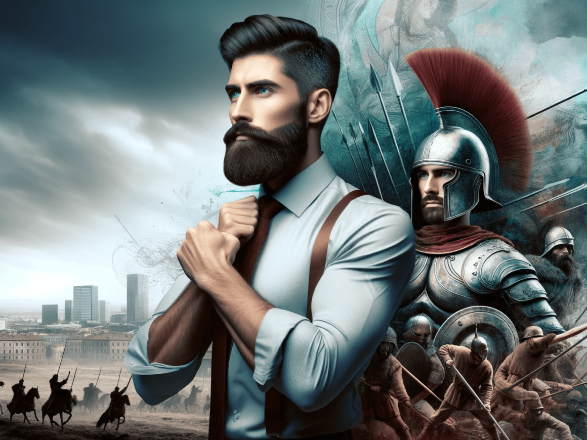 A man with a beard and a sword in front of a city.
