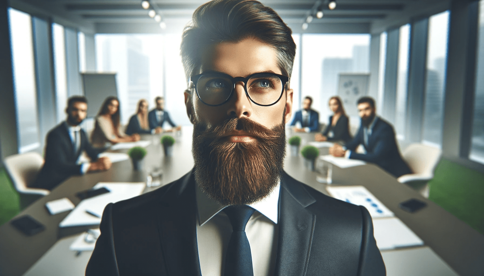 A bearded businessman leading a group of people.