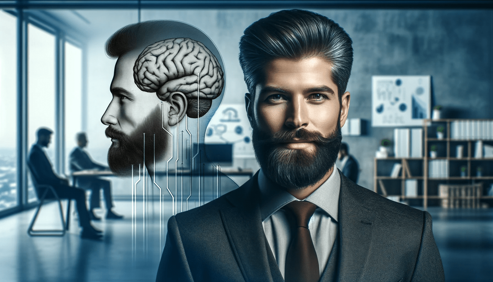 A bearded warrior with a brain in front of him.