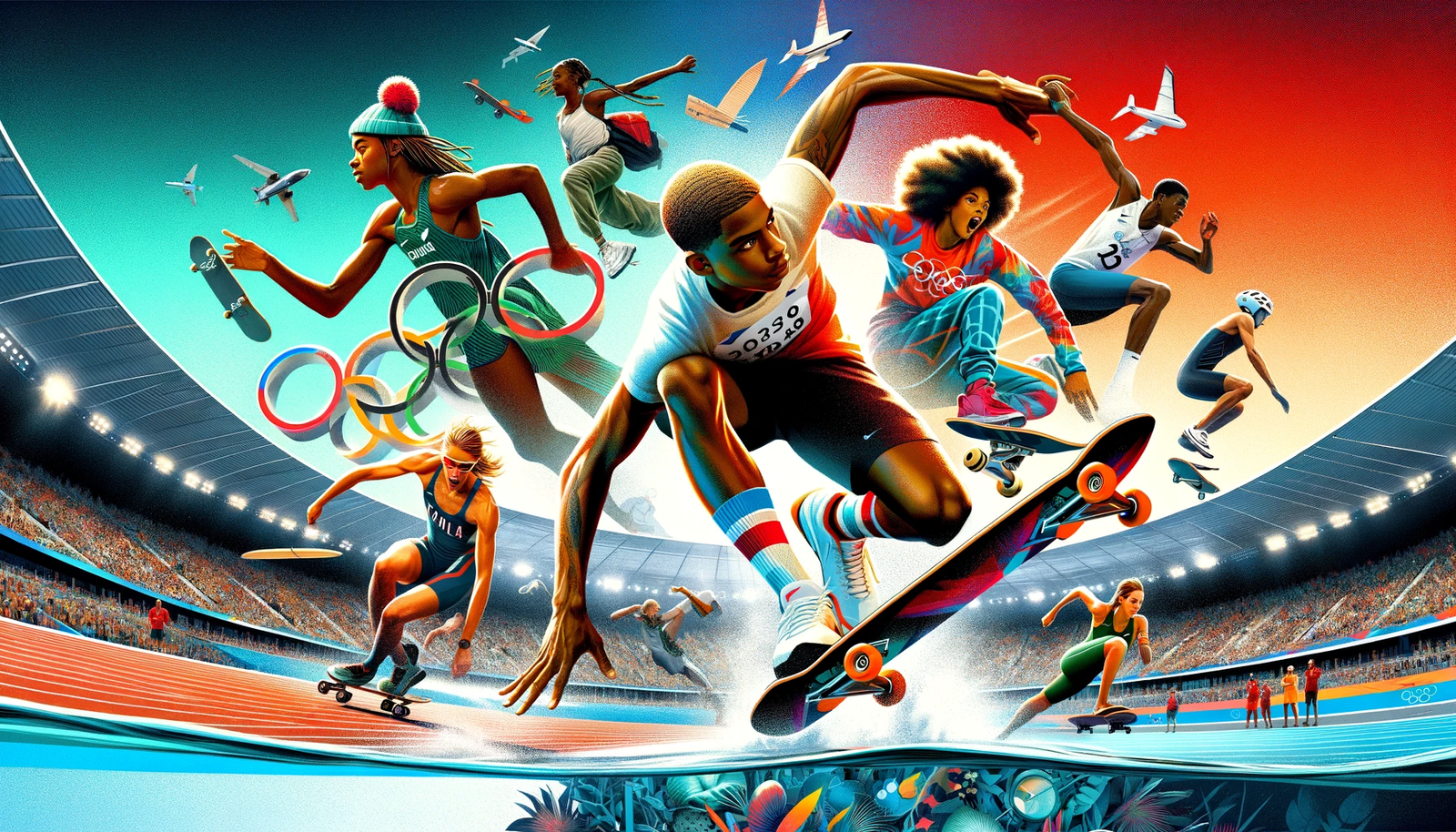 A group of people skateboarding in a stadium.