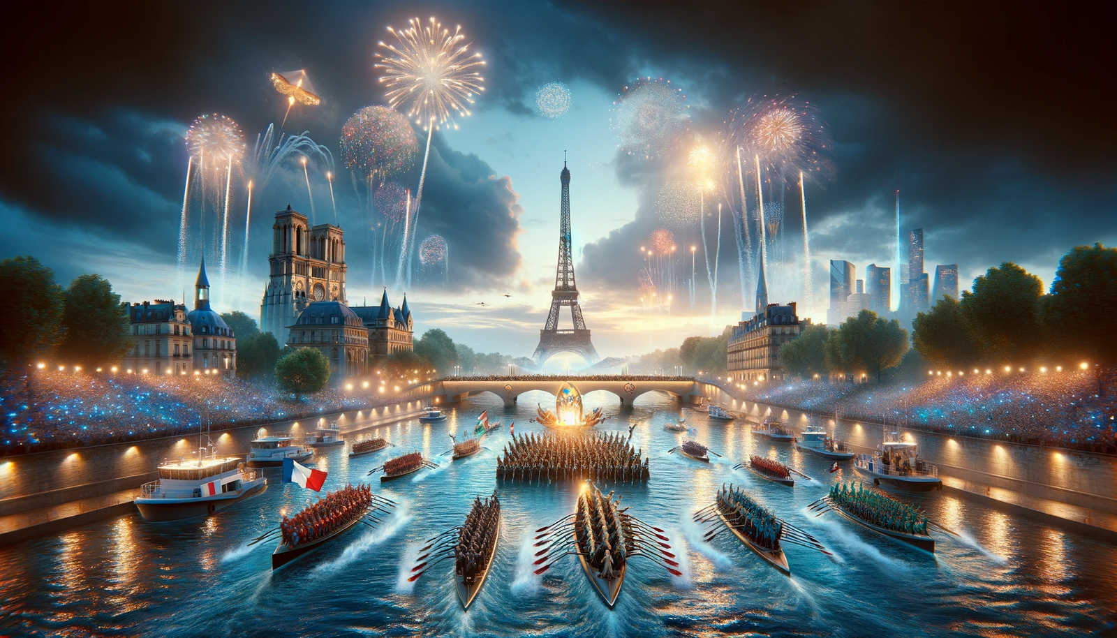 The eiffel tower and fireworks are shown in the background.
