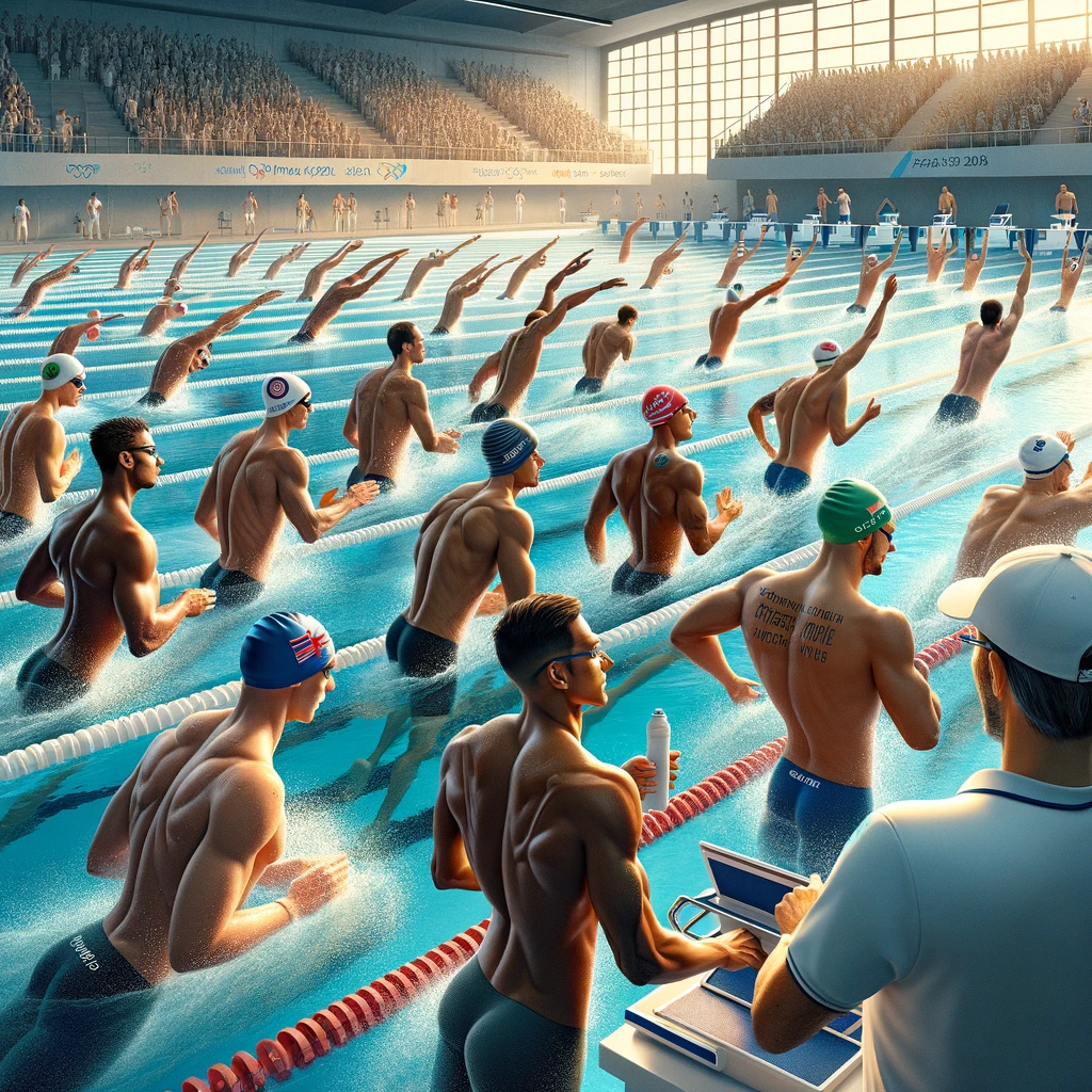 A group of swimmers in a swimming pool.