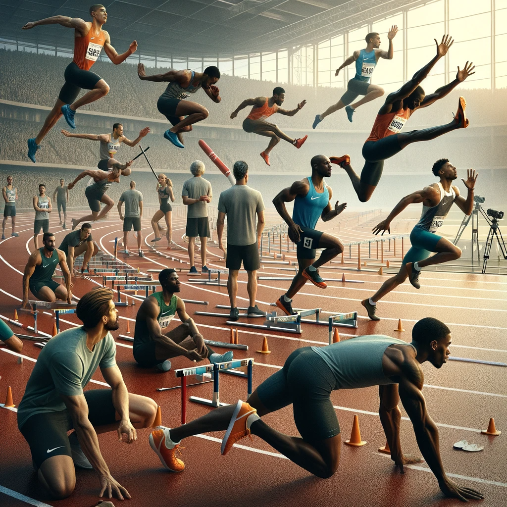 A group of people running in a stadium.