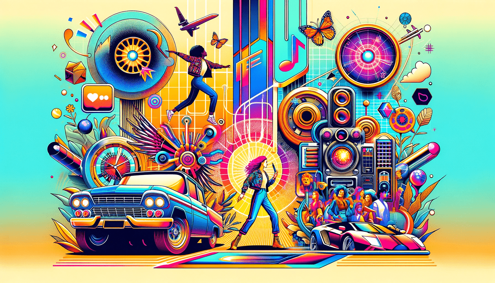 A vibrant illustration of a trendsetting woman in motion beside her car.
