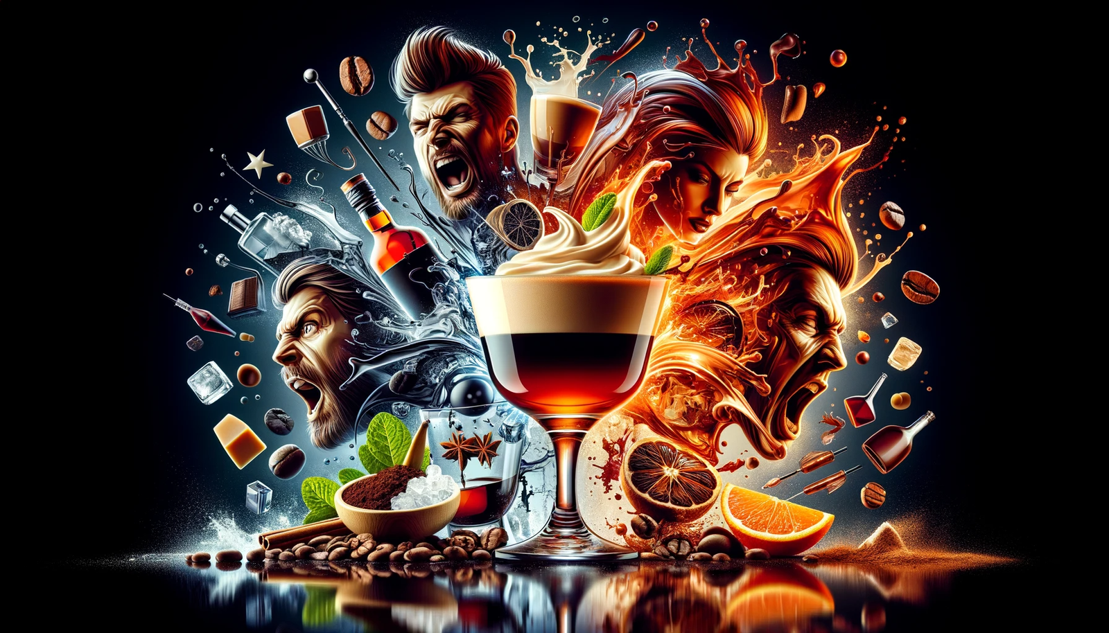 An image of a drink with a man and a woman.