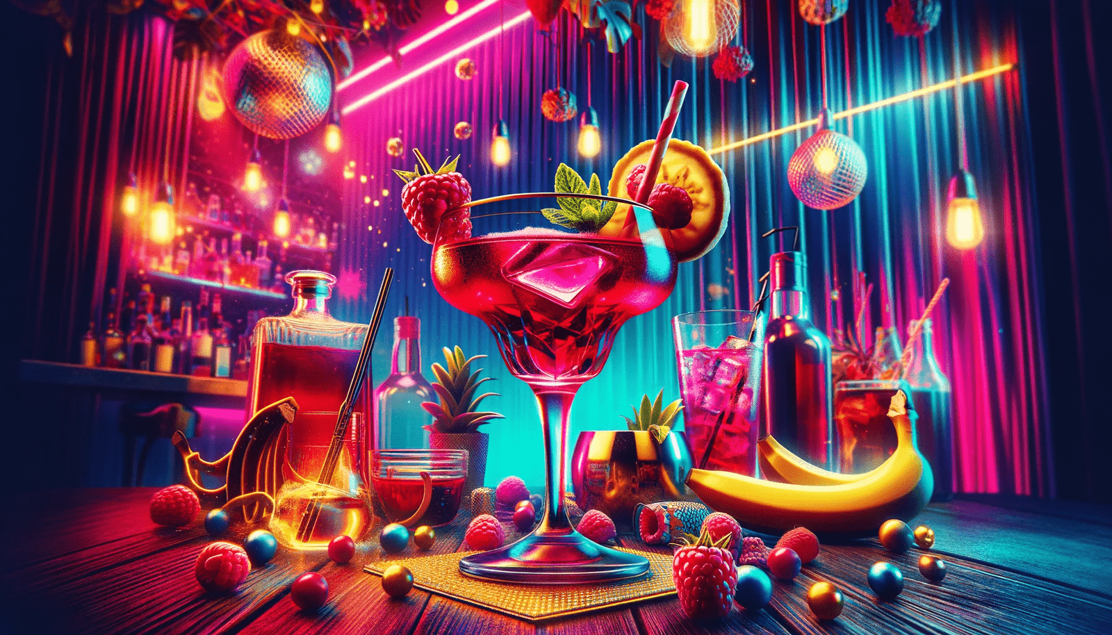 A neon bar with a cocktail in a glass on a wooden table.