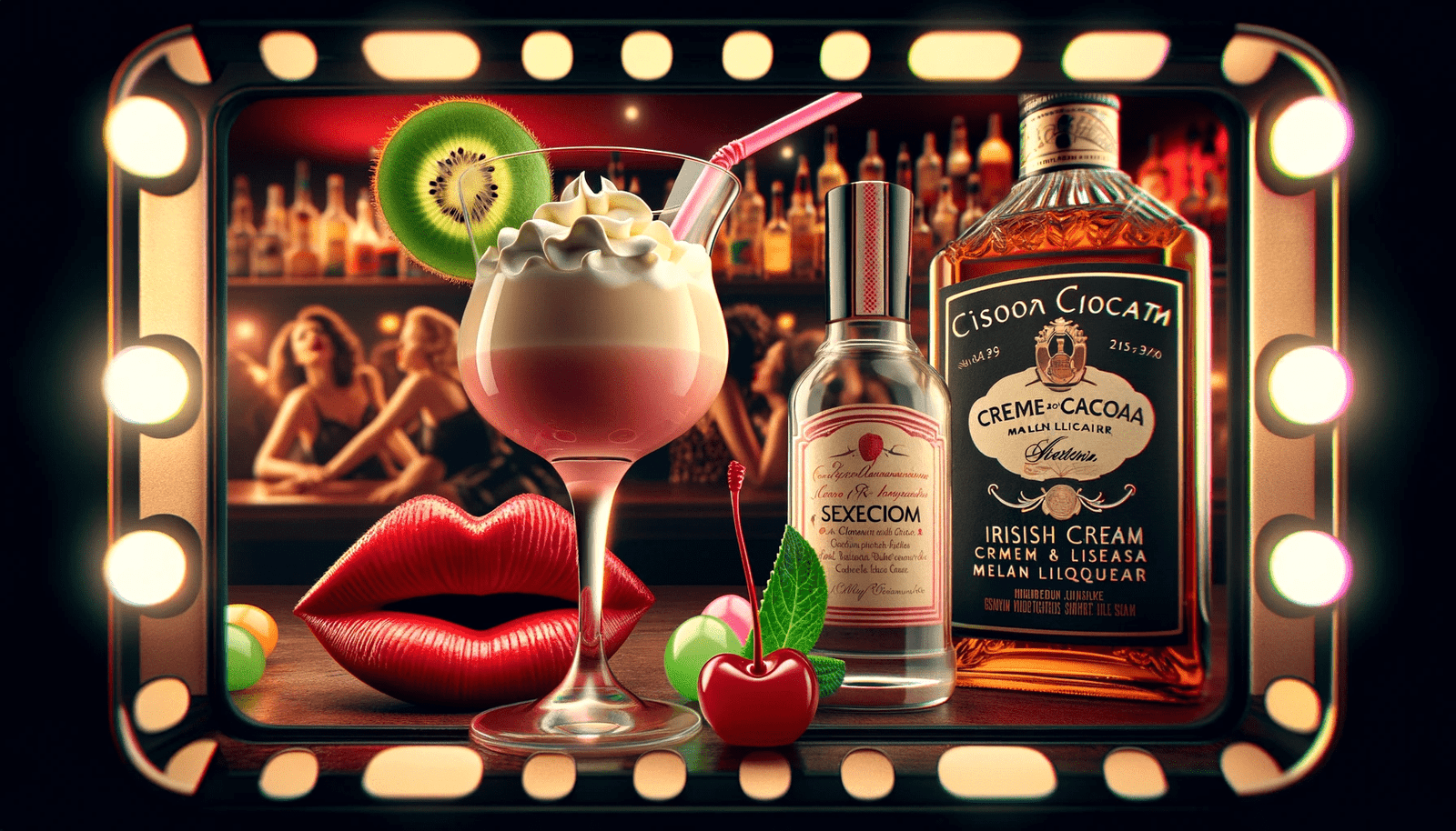 A bar with a cocktail and a bottle of liquor.