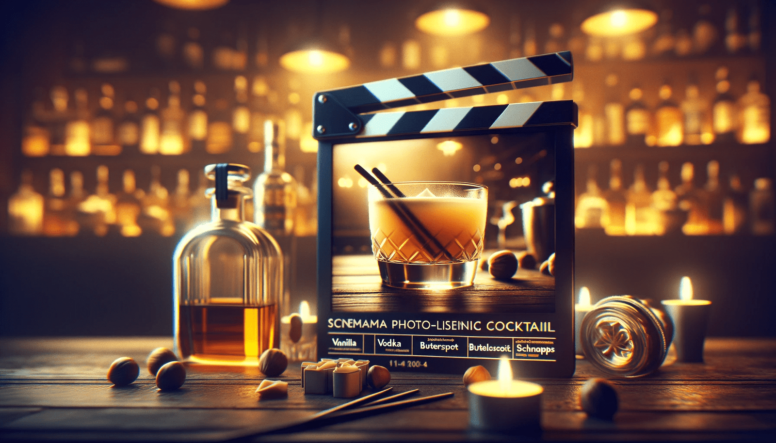 A clapper board with a cocktail on it.