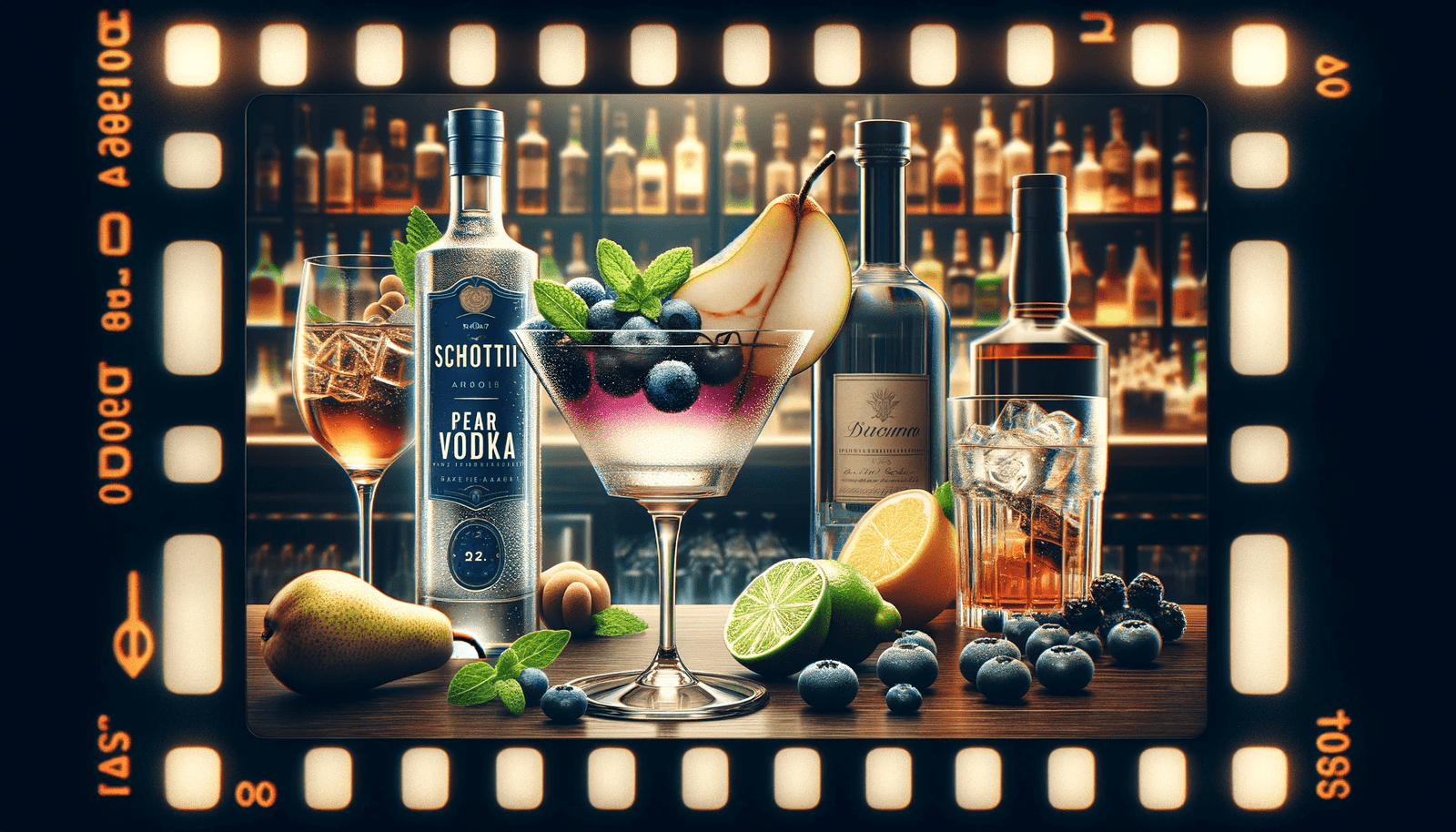 A film strip showing a bar with drinks and fruit.