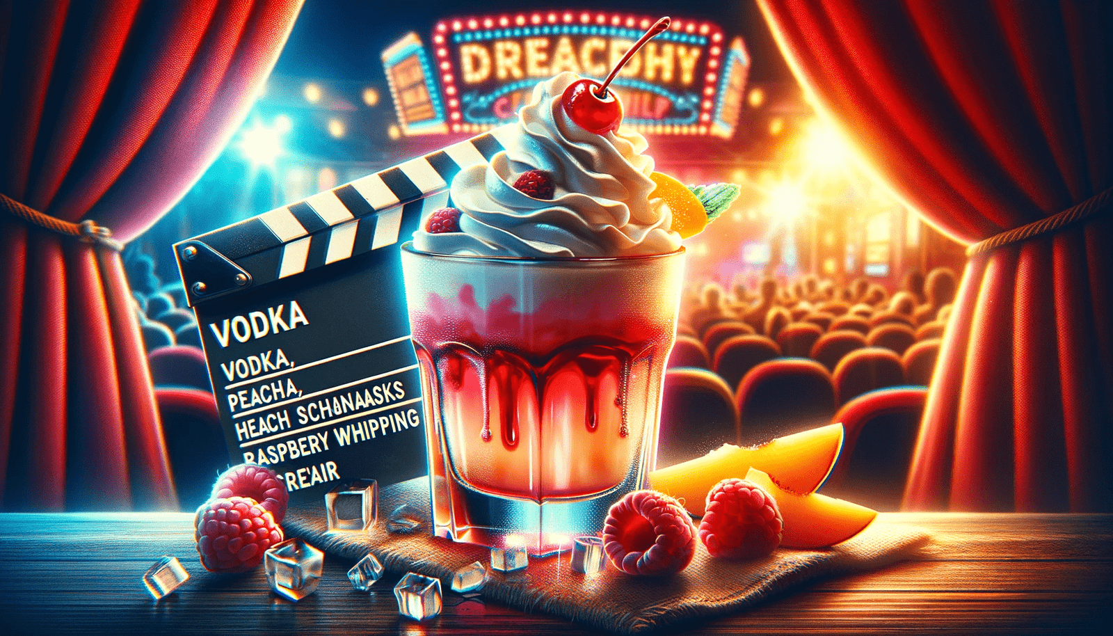 A sundae with ice cream and a movie clapper made even more exciting with the addition of one of the 25 NSFW Cocktails, like 'Wet Pussy'.