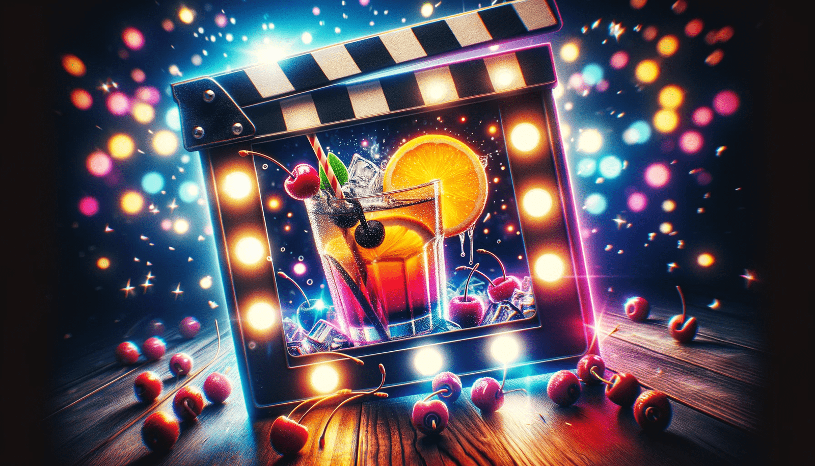 A movie clapper with a drink and cherries on it.