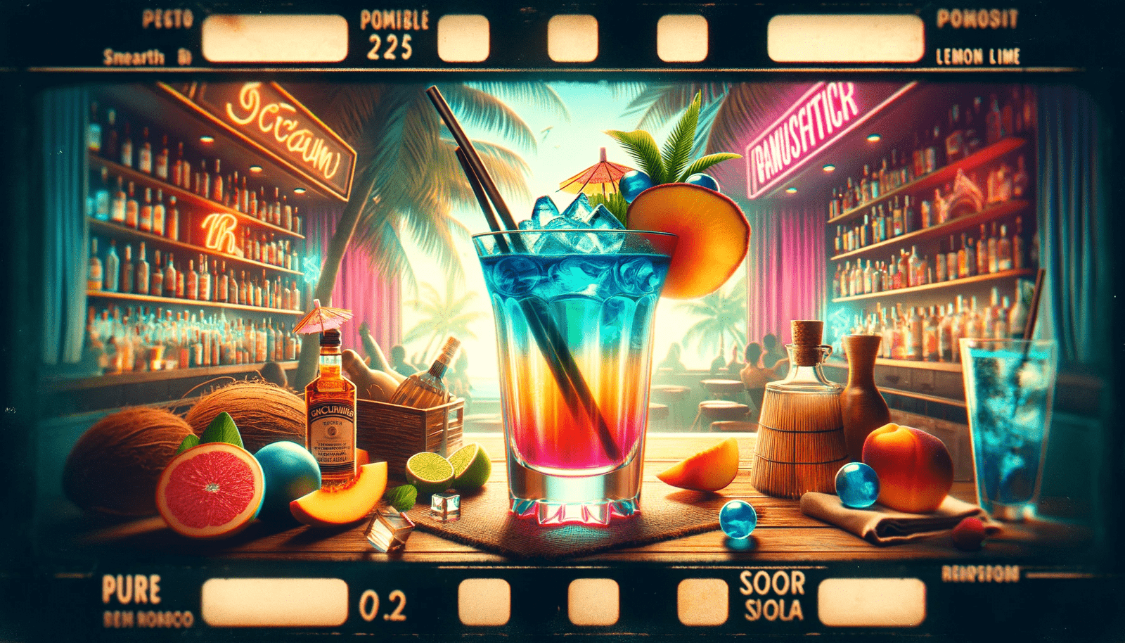 An image of a bar with a cocktail in front of it, featuring one or two of the 25 NSFW cocktail names such as 'Balls Deep' or 'Wet Pussy.'