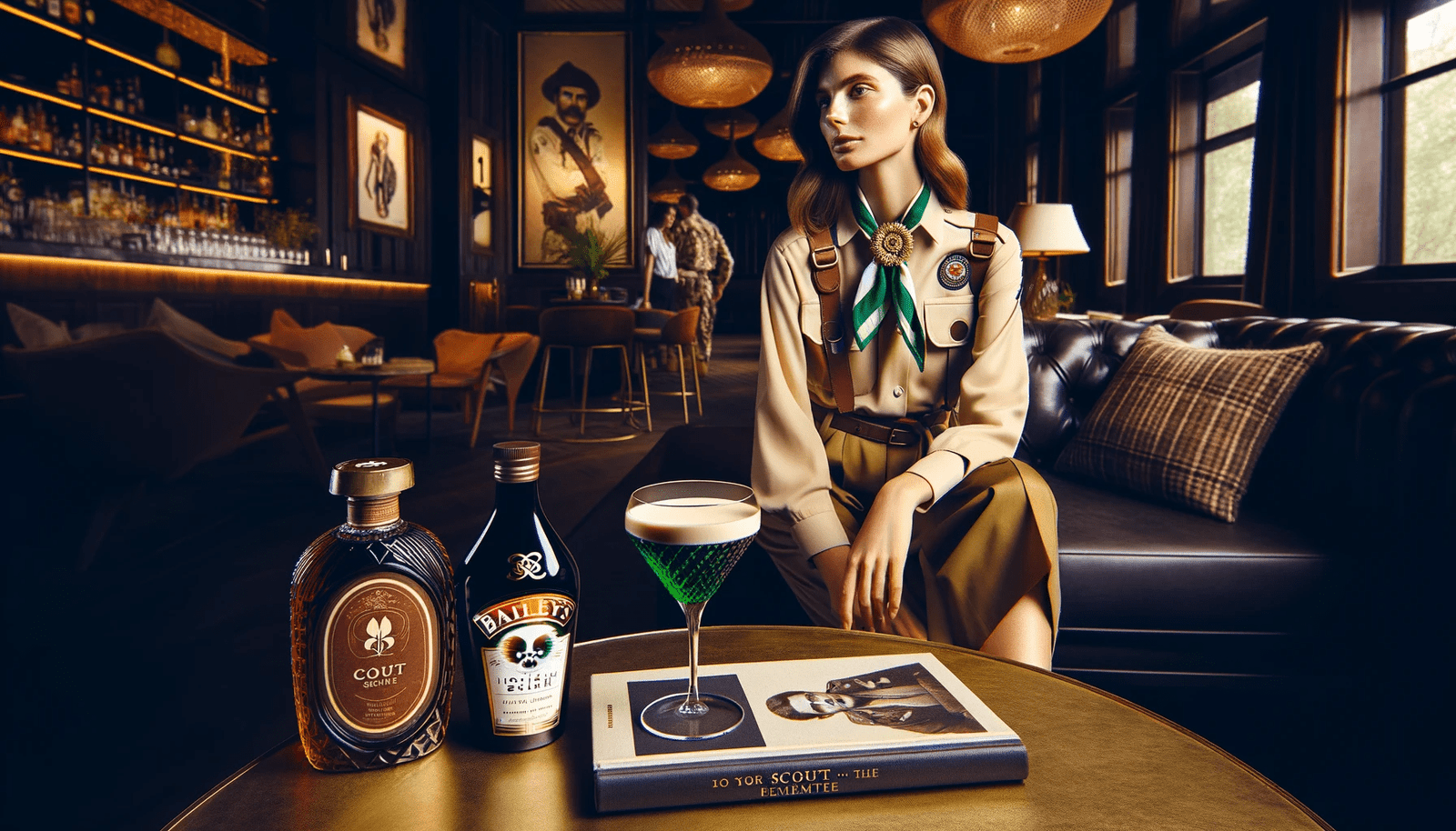 A woman sits on a table next to a book and a cocktail.