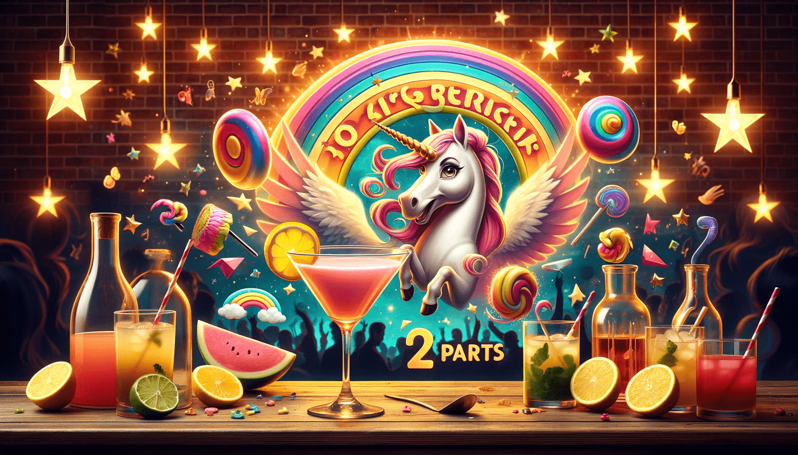 An image of a unicorn with drinks on a table.