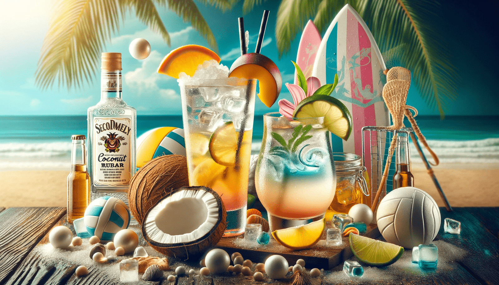 A beach scene with drinks, coconuts, and surfboards.