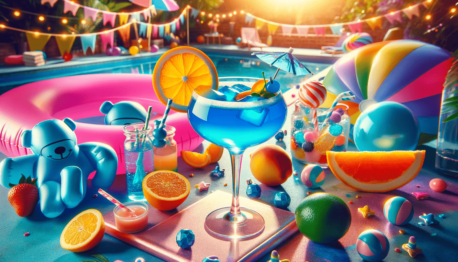 A blue drink is sitting on a table next to a teddy bear.