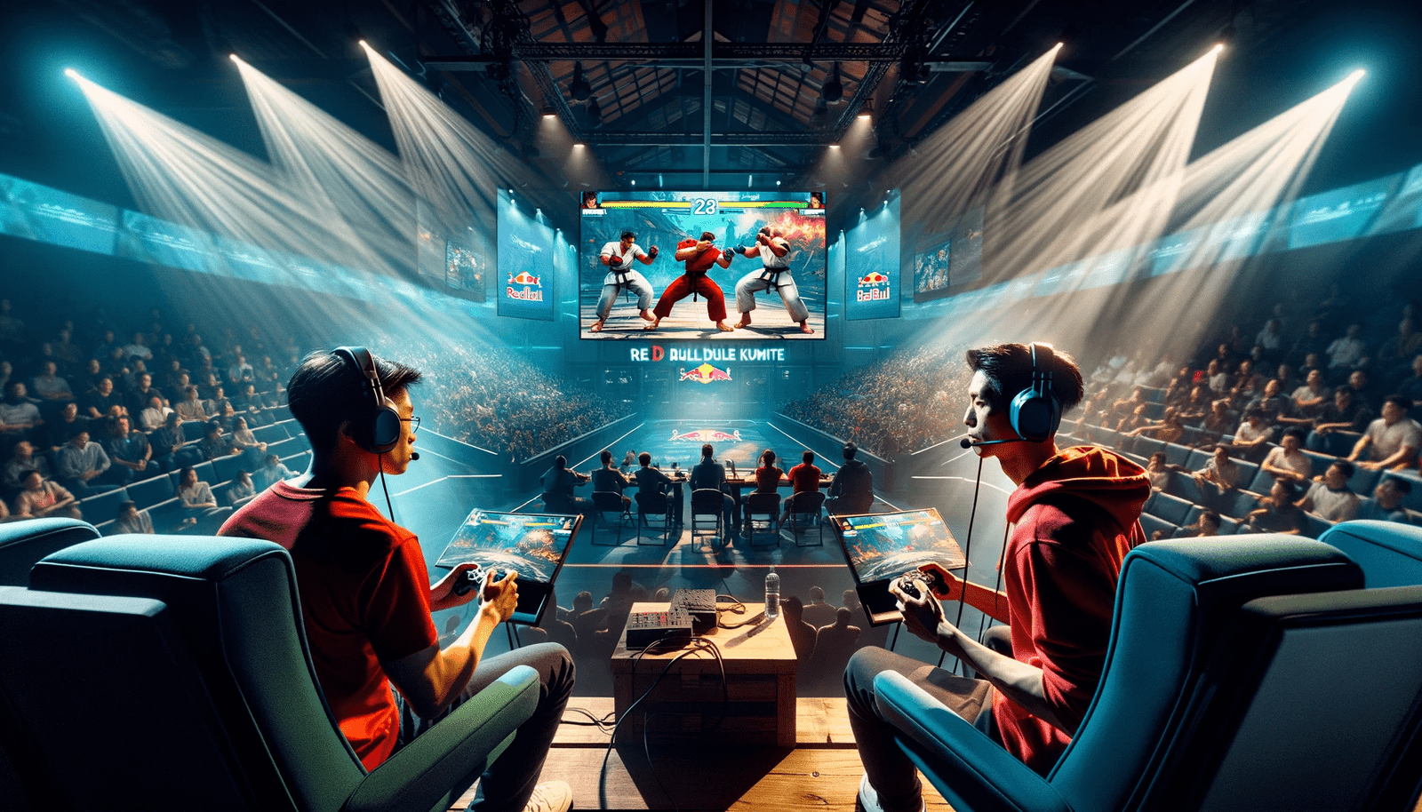 Enter the Modern Kumite, where two people engage in intense battles while playing video games in an arena.