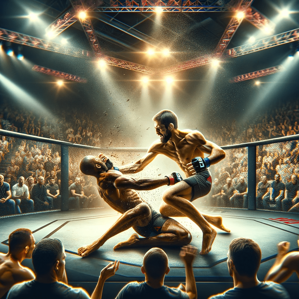 Enter the modern Kumite where two fighters engage in a fierce battle within the boxing ring.
