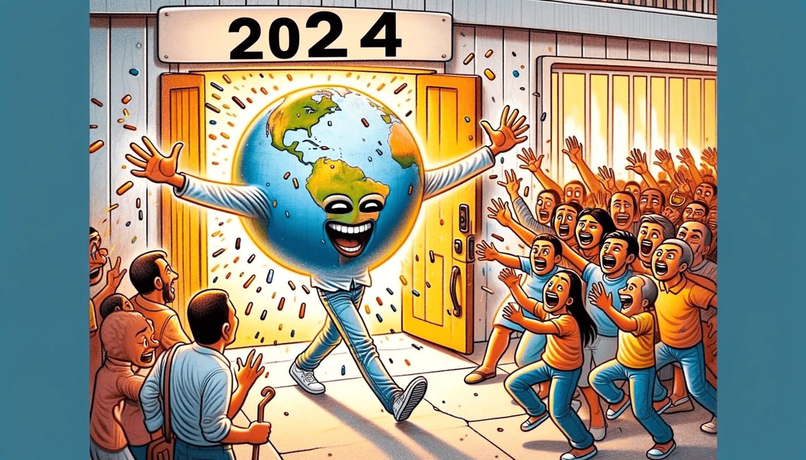 A cartoon of a man opening a door to a crowd of people.