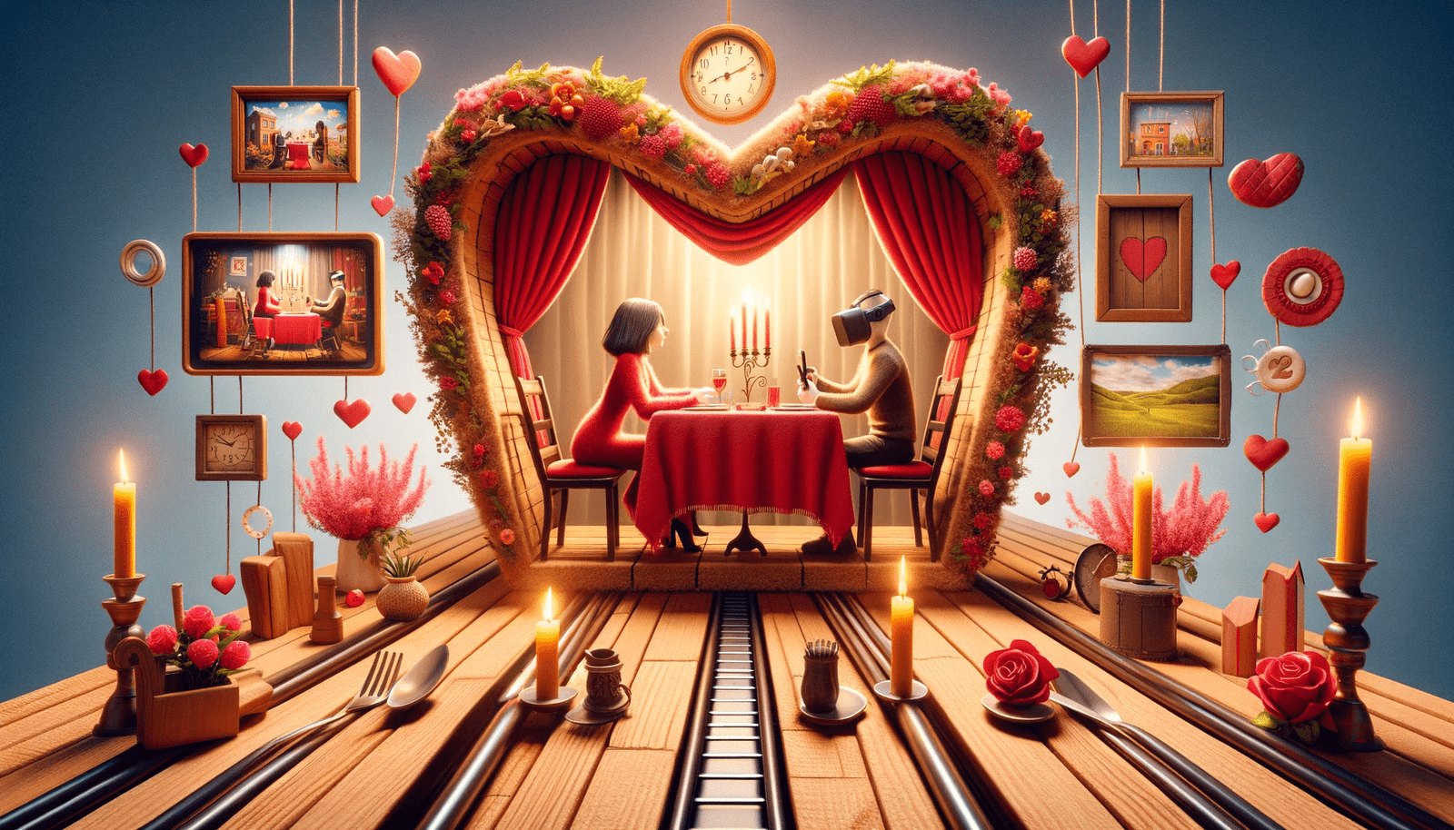 A man and woman sitting at a table in a heart shaped room.