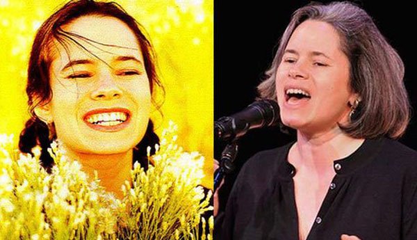 Two pictures of a woman singing into a microphone, showcasing the transformation of pop stars from the 90's to today.