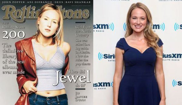 A woman in a blue dress next to a magazine cover featuring pop stars of the 90's.